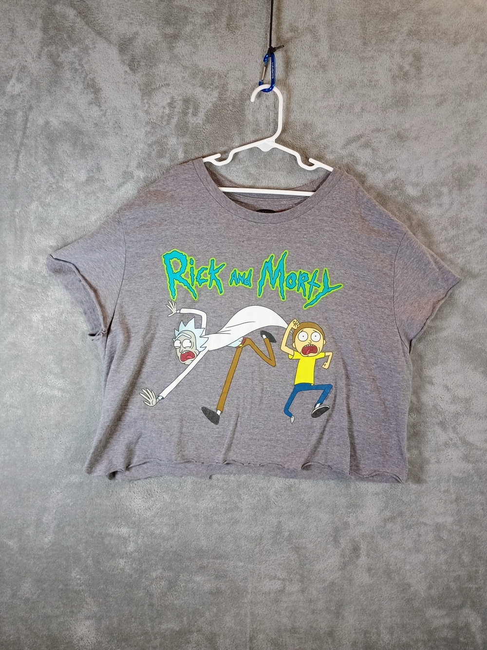 Rick and Morty Gray Graphic Kids Crop Tee Large Unisex 20 Inch PTP